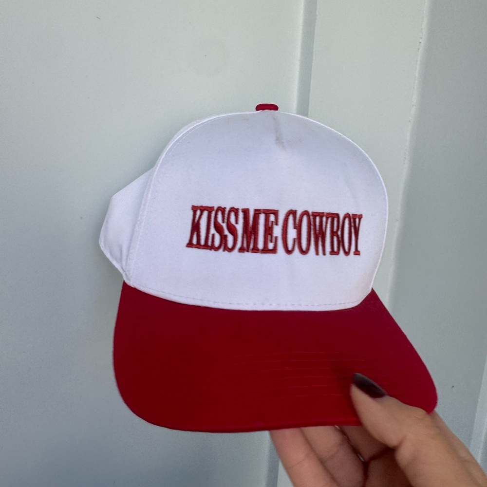 White and Red 'Kiss Me Cowboy' Trucker Hat